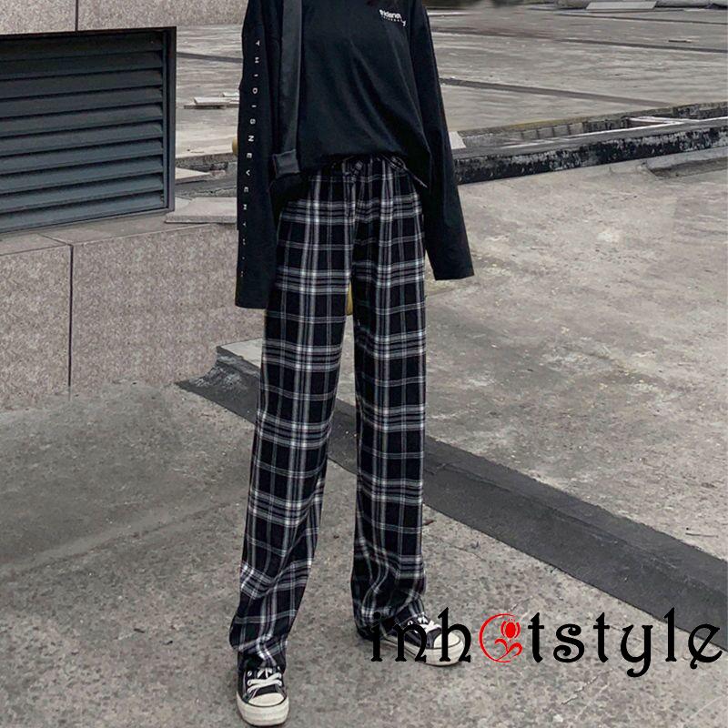 TY-Female Ninth Pants, Plaid High Elastic Waist Trousers Straight-Leg Pants for Spring Fall, S/M/L/XL/XXL/XXXL