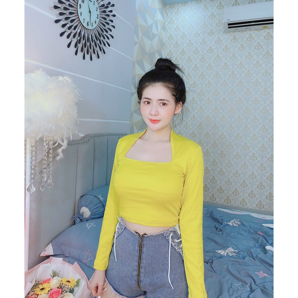 Áo kiểu croptop tay dài ôm body cổ U cực hot , chất thun bozip mềm mịn mát