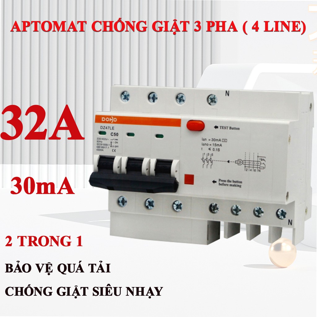 Cầu Dao Chống Giật DoBo Korea 3 Pha 4 cực từ 16A đến 63A  30mA