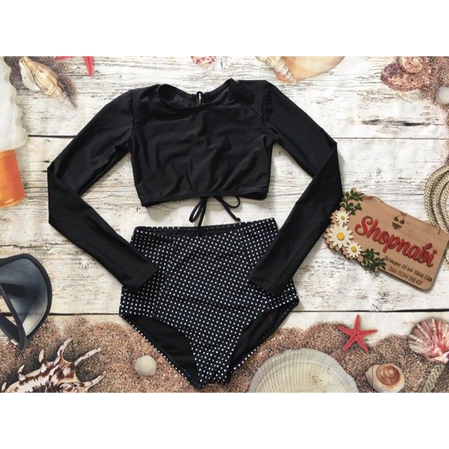 Act cool Đồ bơi bikini áo croptop tay dài đan dây lưng quần chấm bi Cực cute