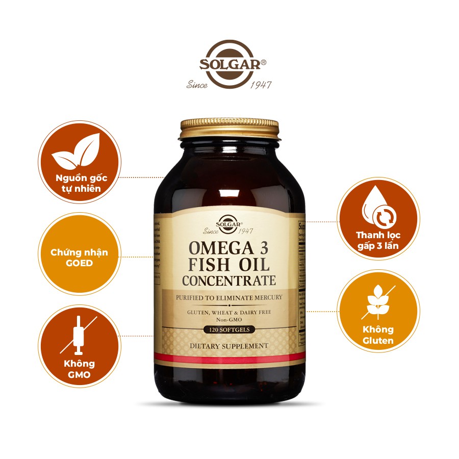 [NHẬP KHẨU USA CHÍNH HÃNG] Dầu cá hỗ trợ sức khỏe tim mạch, đẹp da Solgar Omega-3 Concentrate 120 viên