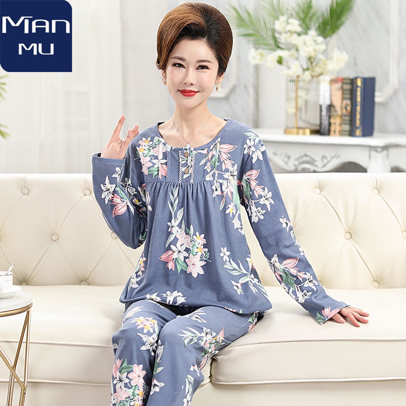 Bộ đồ ngủ cho bà mẹ trung niên và cao tuổi mùa thu đông phụ nữ cotton thuần khiết dài tay phù hợp với gia đình dịch vụ ở