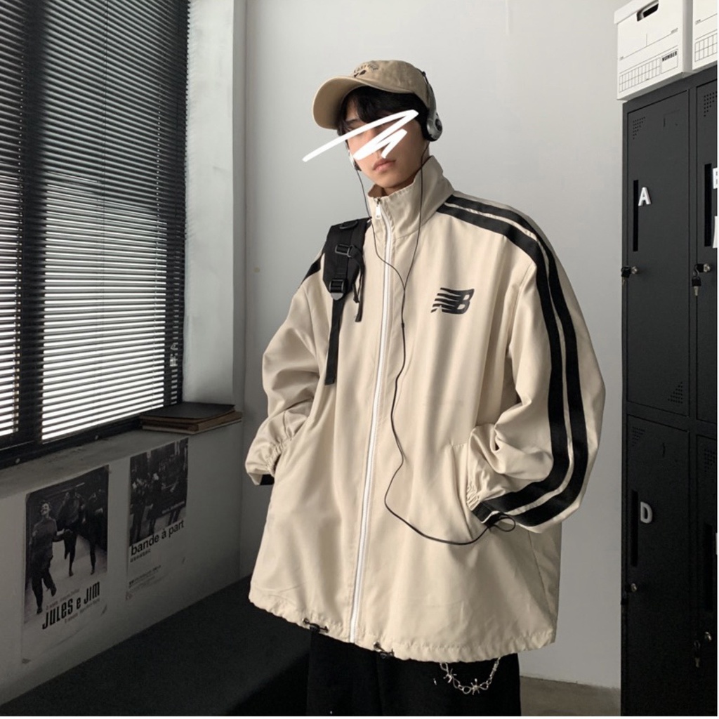 Áo Jacket gió unisex 2 màu kem và đen cho nam nữ