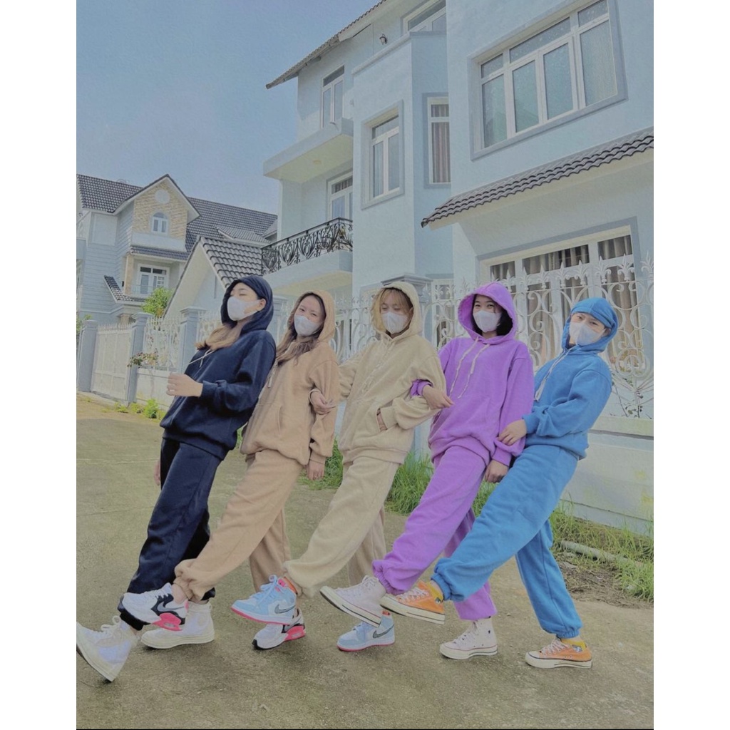 Set áo hoodie trơn chất đẹp + quần bom chun gấu DTR1221