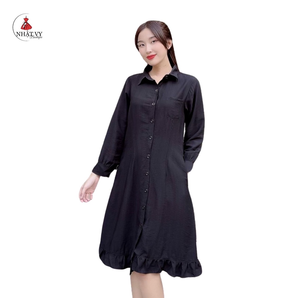 Đầm Nữ NHẬT VY Sơ Mi Tay Dài Cài Cúc Phối Đuôi Cá Chất Lụa Xước Công Sở Màu Xanh, Đen - D2244
