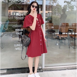 Đầm đỏ nút trắng (kèm hình thật)