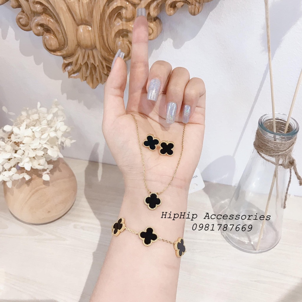 Set titan 3 món bông tai - lắc tay - vòng cổ  hình cỏ 4 lá 🍀 🍀 🍀