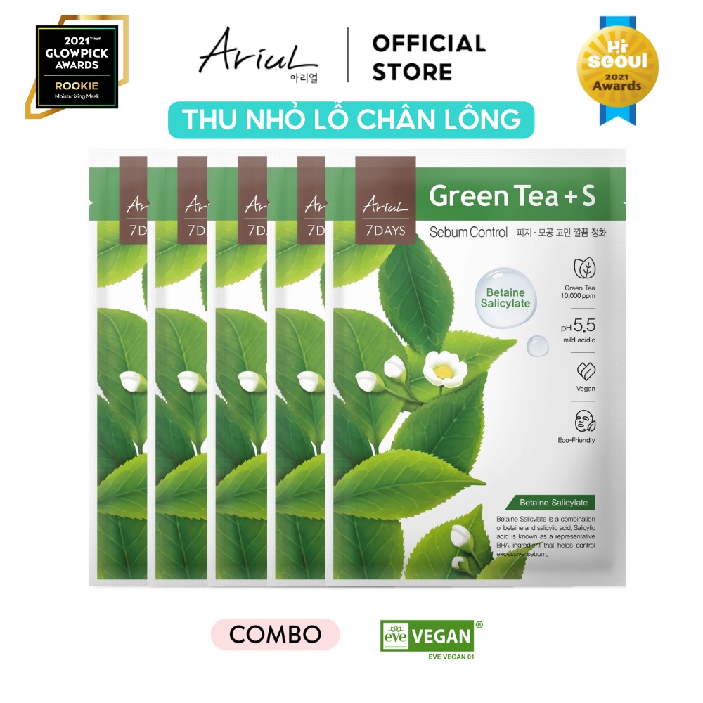 Combo 5 mặt nạ ARIUL 7 Days Trà Xanh Green Tea + Betaine Salicylate 23ml