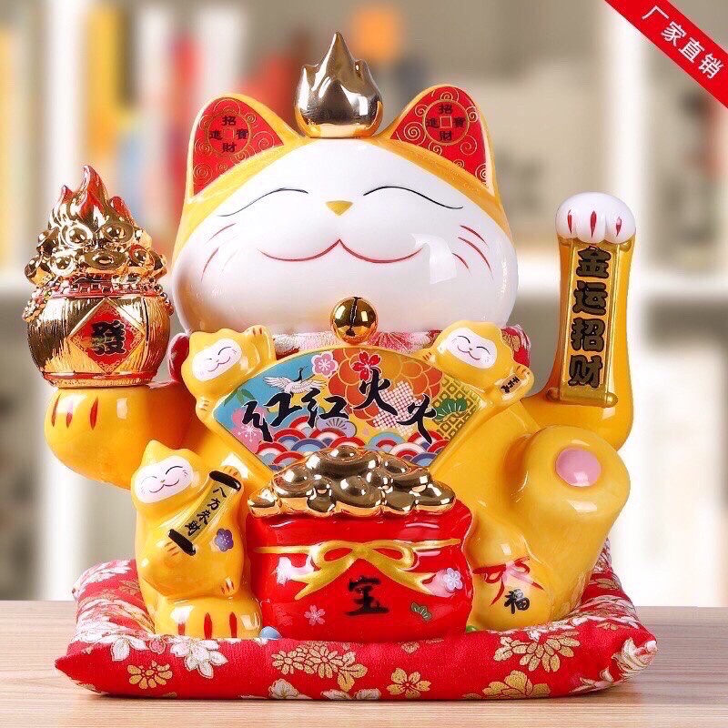 MẪU MỚI mèo thần tài vẫy tay may mắn maneki neko màu vàng hoàng kim 28cm
