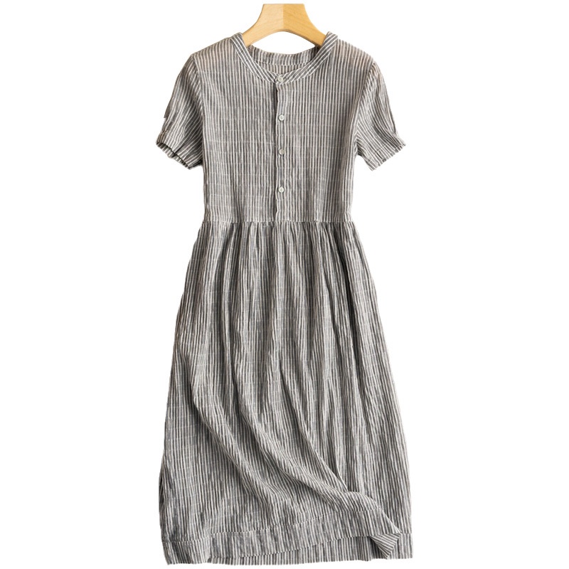 Đầm Cotton Lanh Dáng Rộng Ngắn Họa Tiết Kẻ Sọc Phong Cách Nhật Bản Cho Nữ