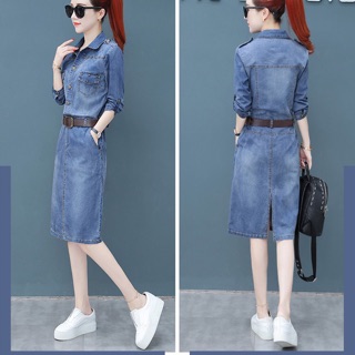 Đầm jean nữ cổ sơ mi bao đẹp hàng xịn kèm nịt size M L XL 2Xl