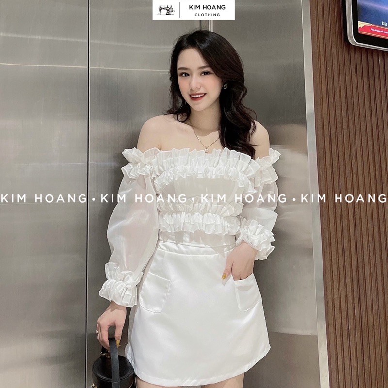 Áo hở vai croptop Kim Hoàng bèo nhún tay bồng tơ Hàn, hàng thiết kế cao cấp (Jewel Top)