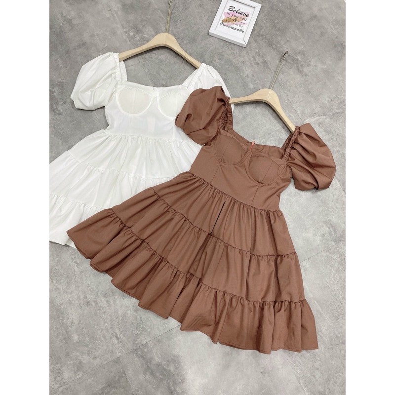 Váy Babydoll Tay Phồng Cổ Vuông Cup Ngực, Đầm Dáng Xoè Tay Phồng Siêu Xinh Có Ảnh Thật Kèm Video