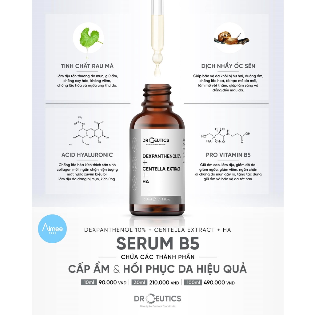 Serum B5 DrCeutics Cấp Ẩm Và Phục Hồi Da Dexpanthenol 10% + Centella Extract + HA 30ml [Aimee1992]