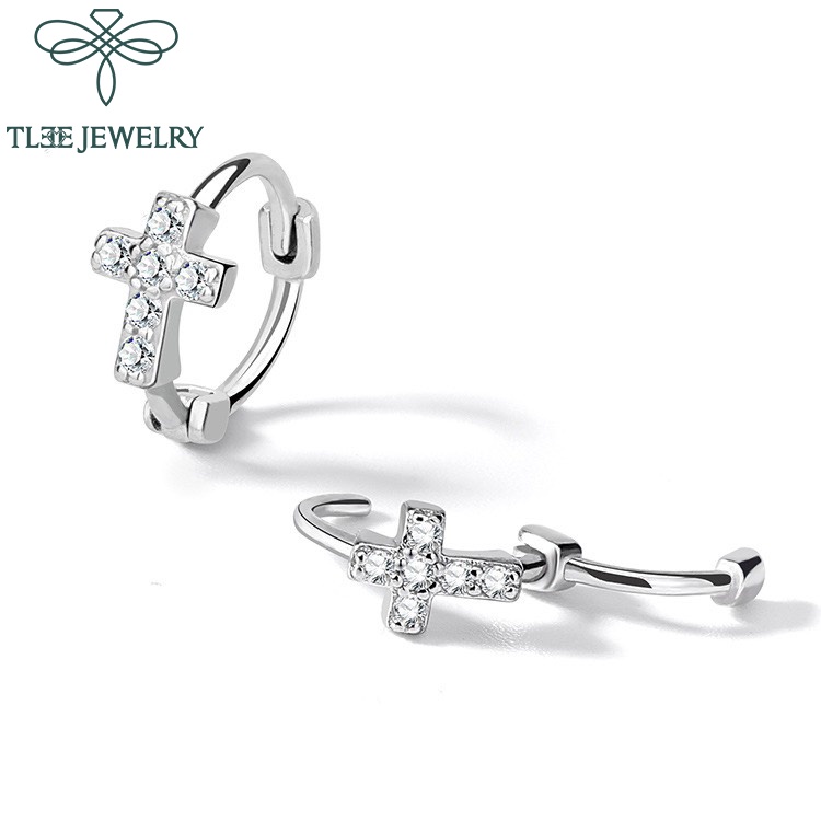 Khuyên tai bạc unisex  tròn thánh giá nạm đá mẫu đeo ngắn có chốt bấm TleeJewelry B0141