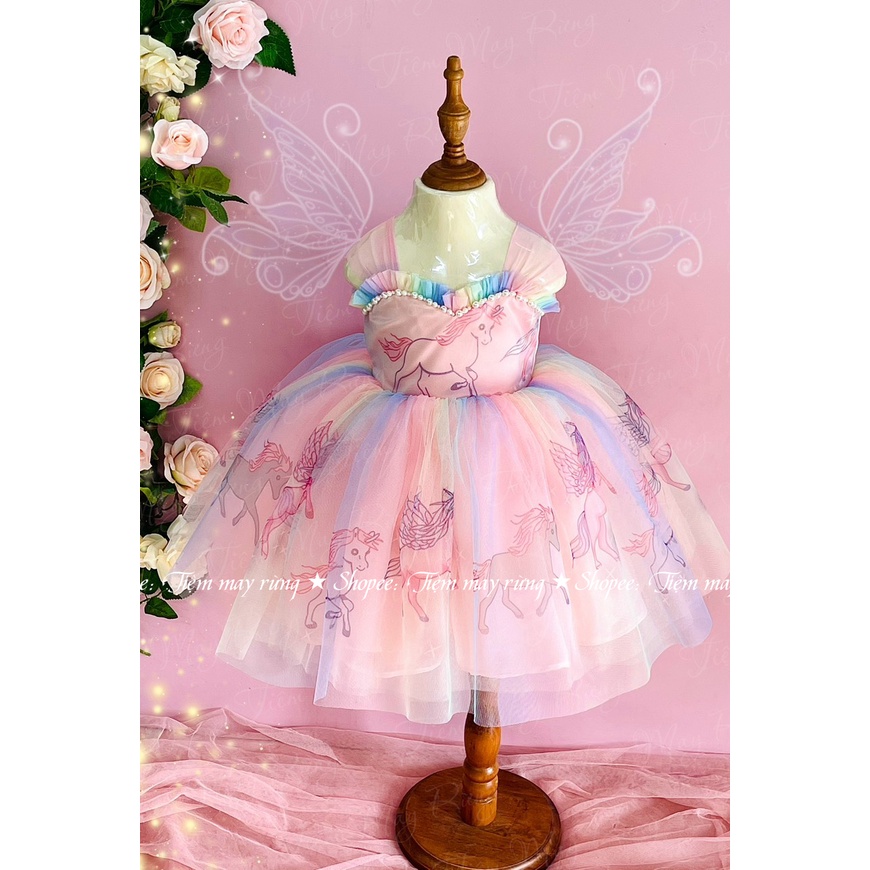 Váy đầm công chúa thiết kế cho bé gái xếp Pony tầng kì lân nhiều màu sắc (Unicorn)