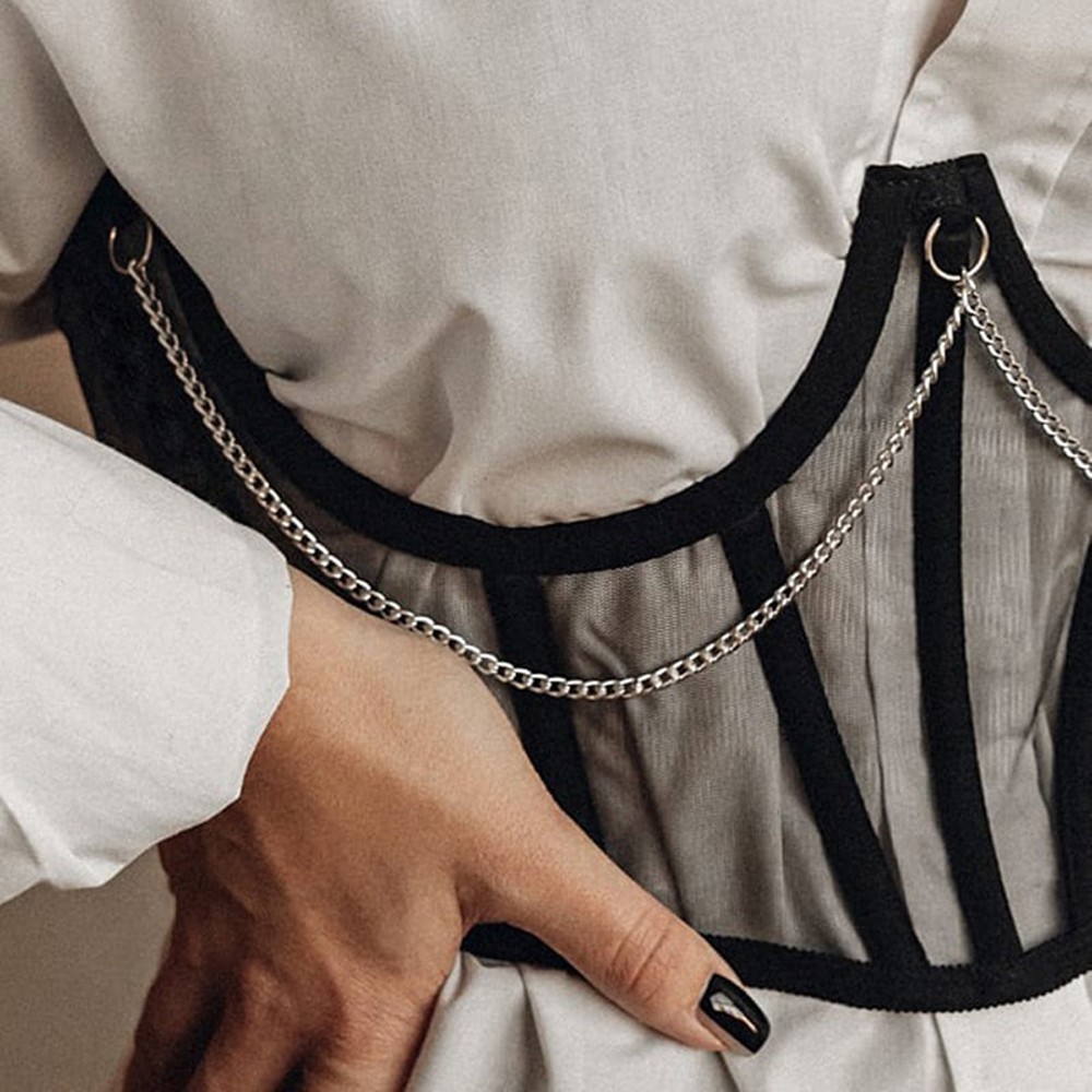 Đai Nịt Bụng Định Hình Eo Cao Màu Đen Phối Dây Xích Kim Loại Xuyên Thấu Phong Cách Punk Harajuku Cổ Điển Dành Cho Bạn Nữ