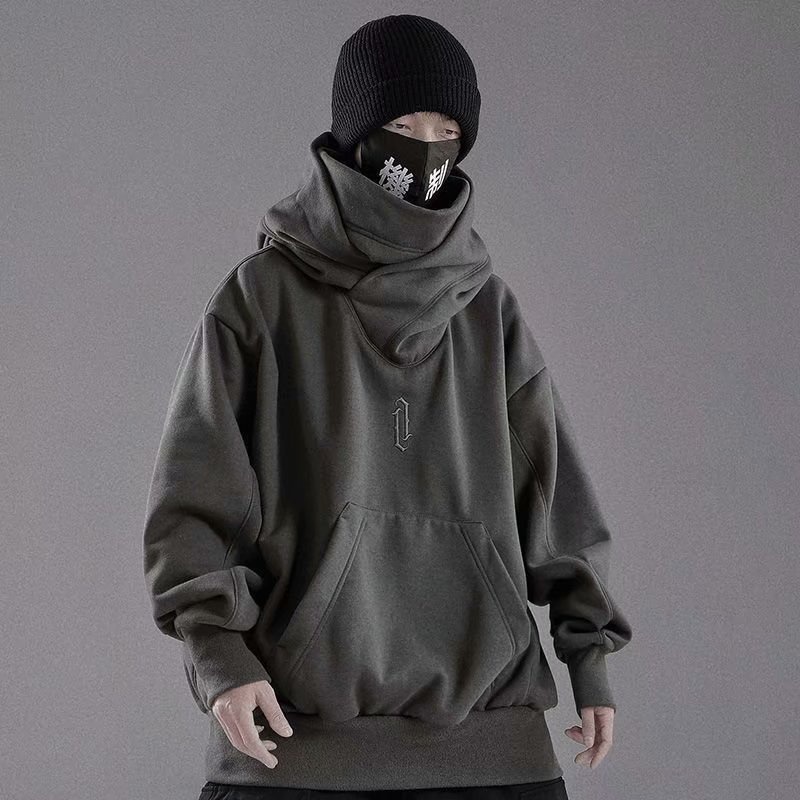 Áo hoodie nam tay dài cổ cao dáng rộng màu trơn phong cách hip hop đường phố Hàn Quốc
