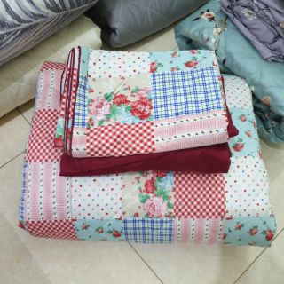 Fullset chăn chần bông ga gối 100% cotton lụa Hàn quốc mẫu quilt vintage mix đỏ đô
