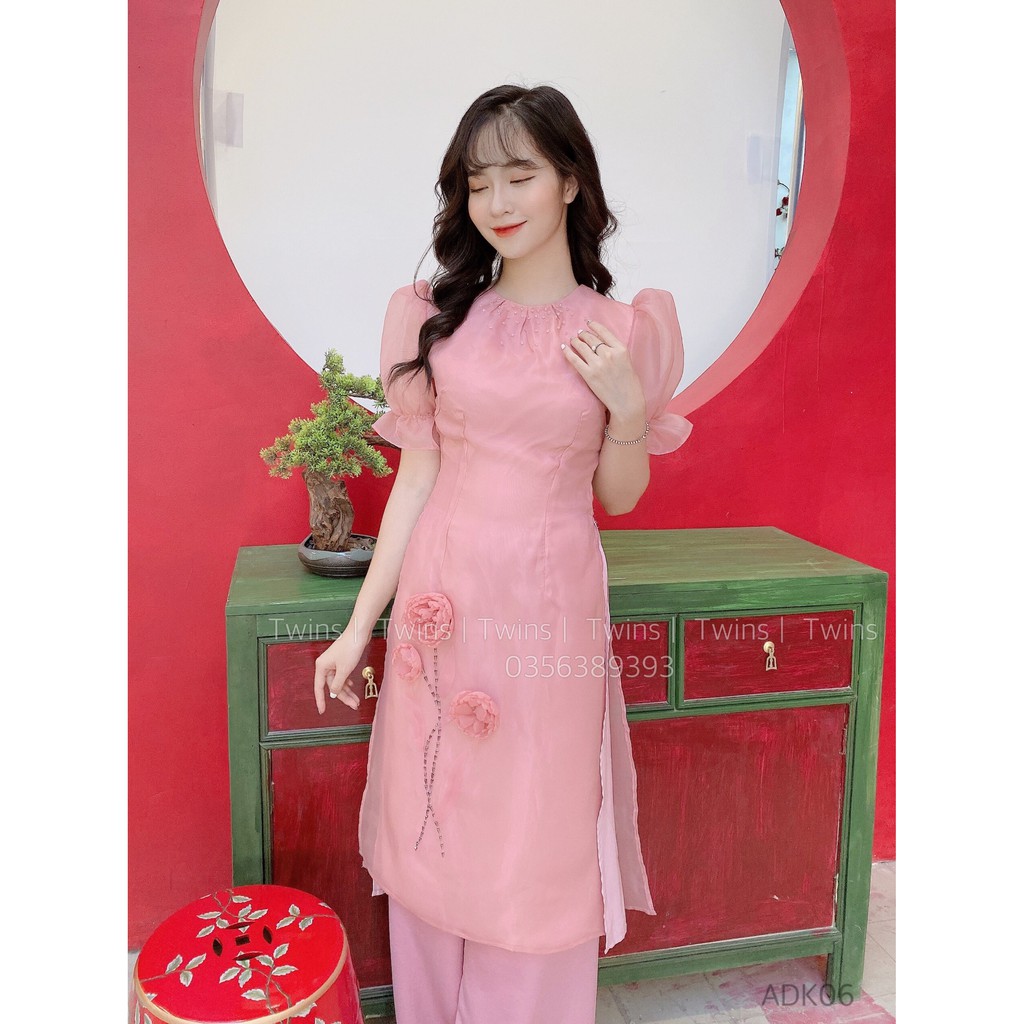 ÁO DÀI CÁCH TÂN - OGANZA ĐÍNH HOA CƯỜM 3D - ADK06 (CÓ KÈM QUẦN + TOÀN BỘ LÀ ẢNH THẬT)