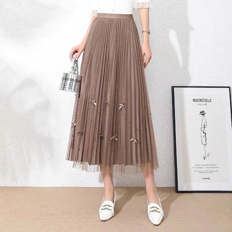 Chân váy công chúa xếp ly ren 2 lớp đính nơ ngọc, mặc được 2 mặt, mẫu thời trang mới nhất