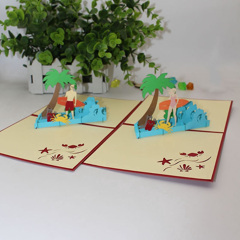 Cut Origami Coconut Tree &amp; Beach Greeting Card Creative 3D Surfing Gift Card