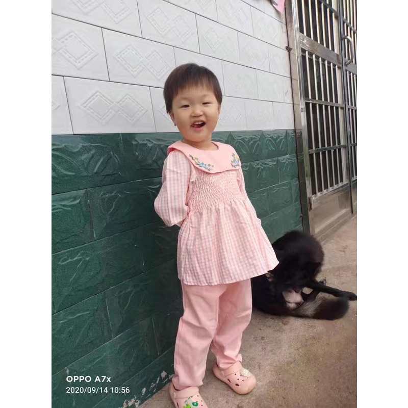 Set áo sơ mi caro dài tay thêu hoa cổ & quần nhiều màu cho bé gái  N00921