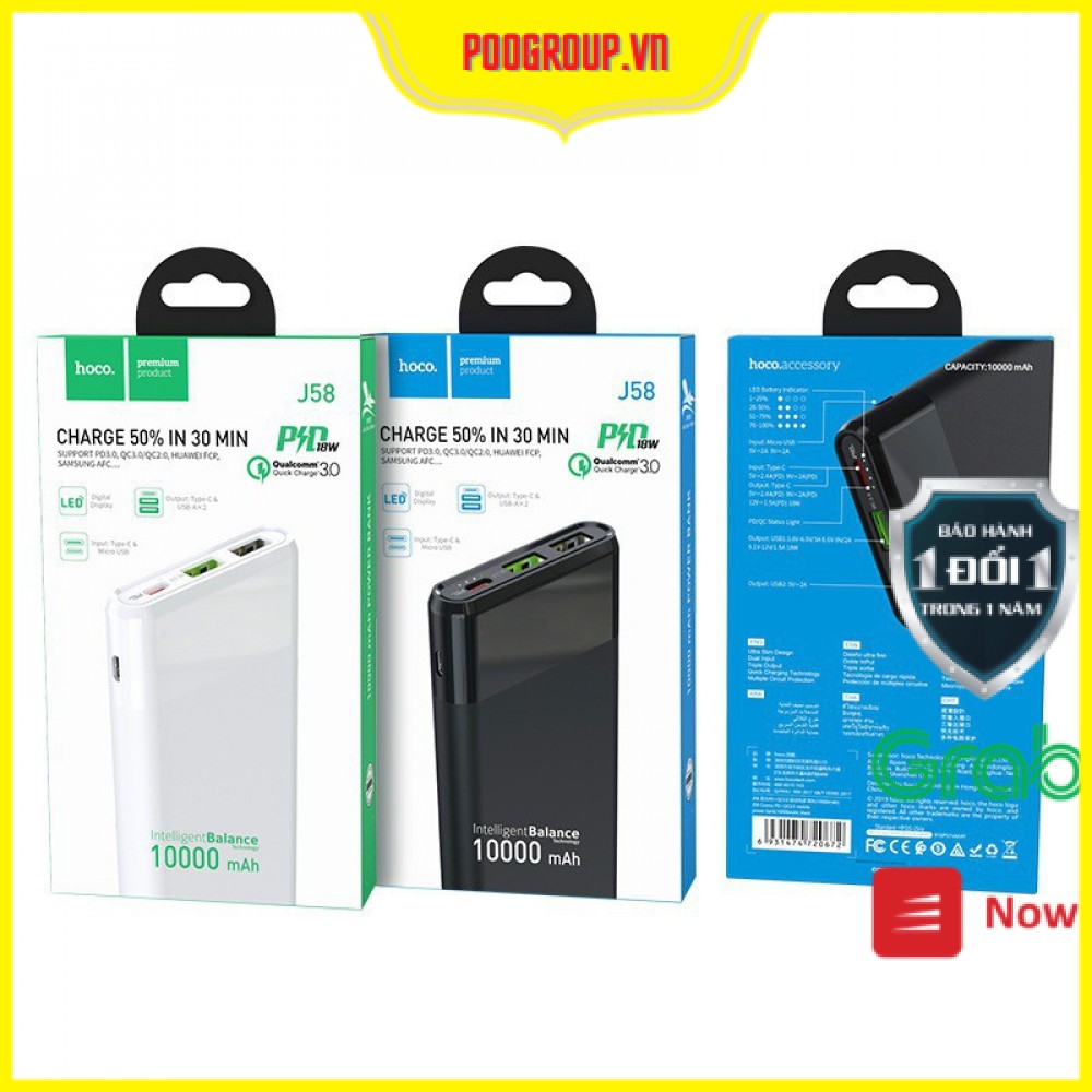 [ TypeC in/out ] Sạc dự phòng Hoco J58 10.000 mAh (sạc nhanh 18W QC 3.0,PD) (BH Chính Hãng 12 tháng)