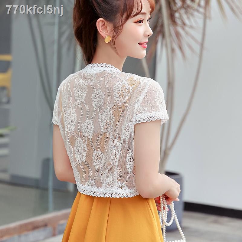 ✼♟Vest nữ mùa hè ren ngắn khăn choàng nhỏ kết hợp tất cả áo cardigan tay rỗng với váy khoác mỏng