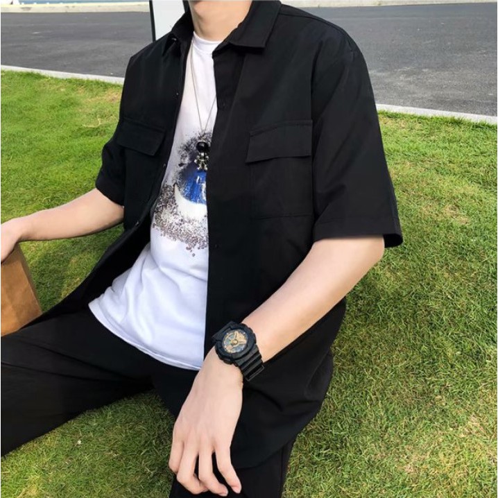 Áo sơ mi đen ngắn tay unisex nam nữ siêu hot- A3 | BigBuy360 - bigbuy360.vn