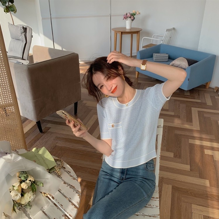 Porozi  Áo Thun Dệt Kim Cổ Tròn Kẻ Sọc Kiểu Hàn Quốc Xinh Xắn Cho Nữ