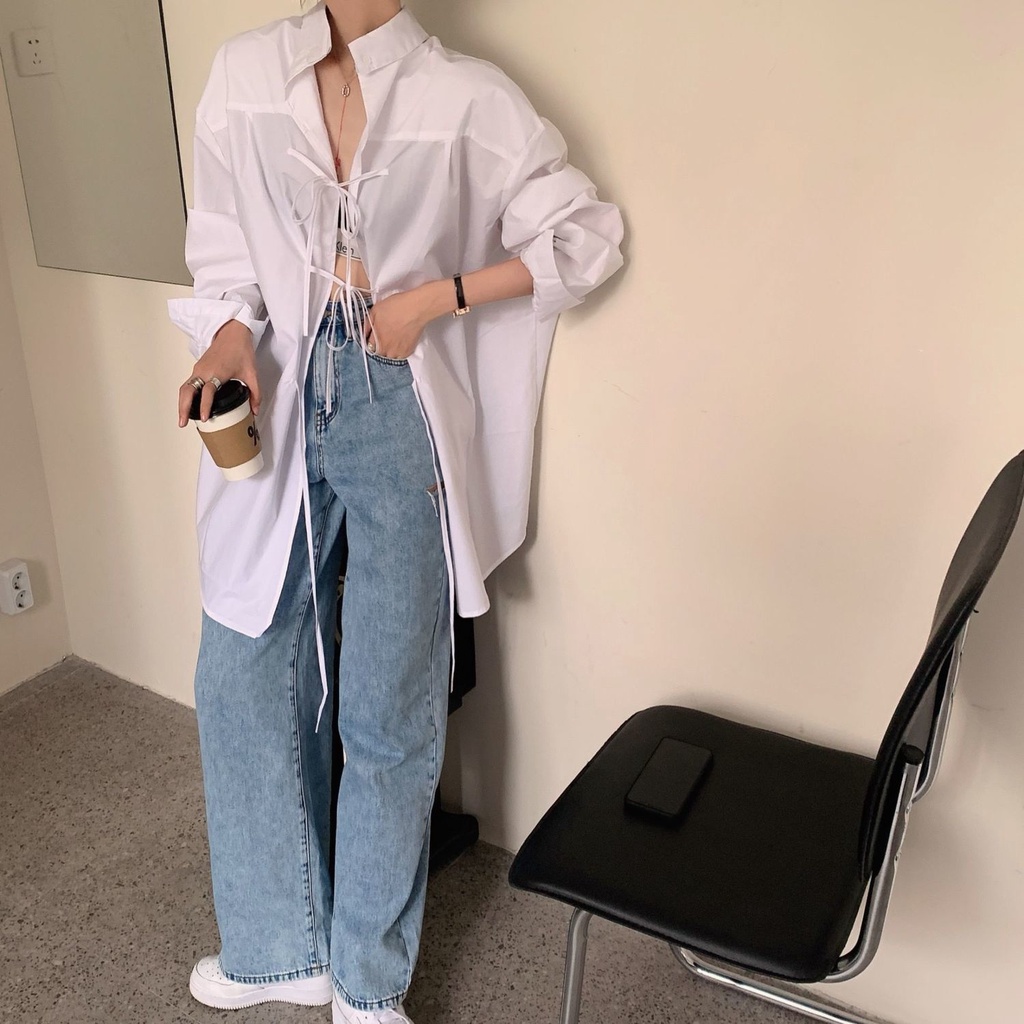 Áo Sơ Mi Trắng Dáng Rộng Dài Vừa Hai Lớp Phía Trước Và Sau Thiết Kế Cảm Giác Thời Trang Hàn Quốc Cho Nữ