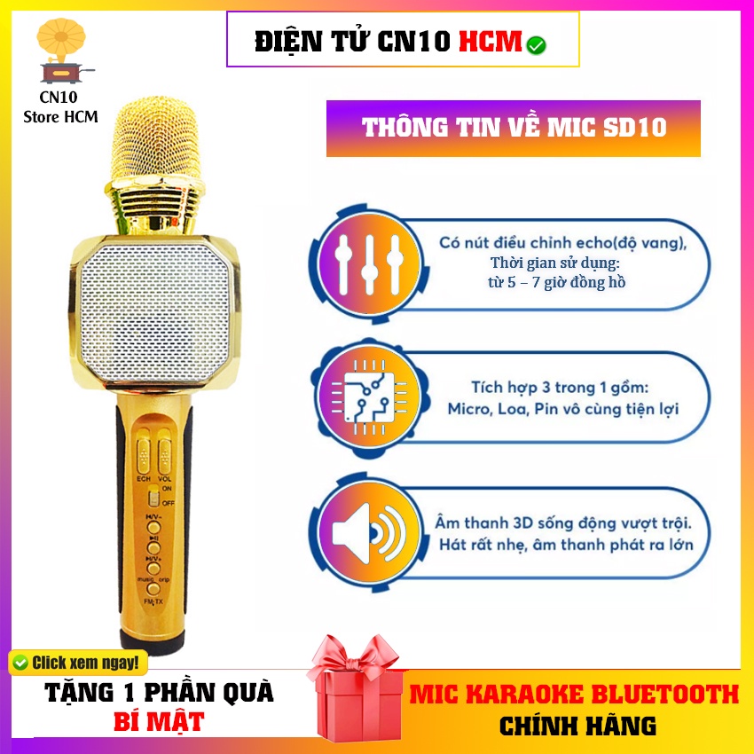 Micro karaoke bluetooth SD10 hát nhẹ nghe hay - Mic không dây chống hú 12 tháng