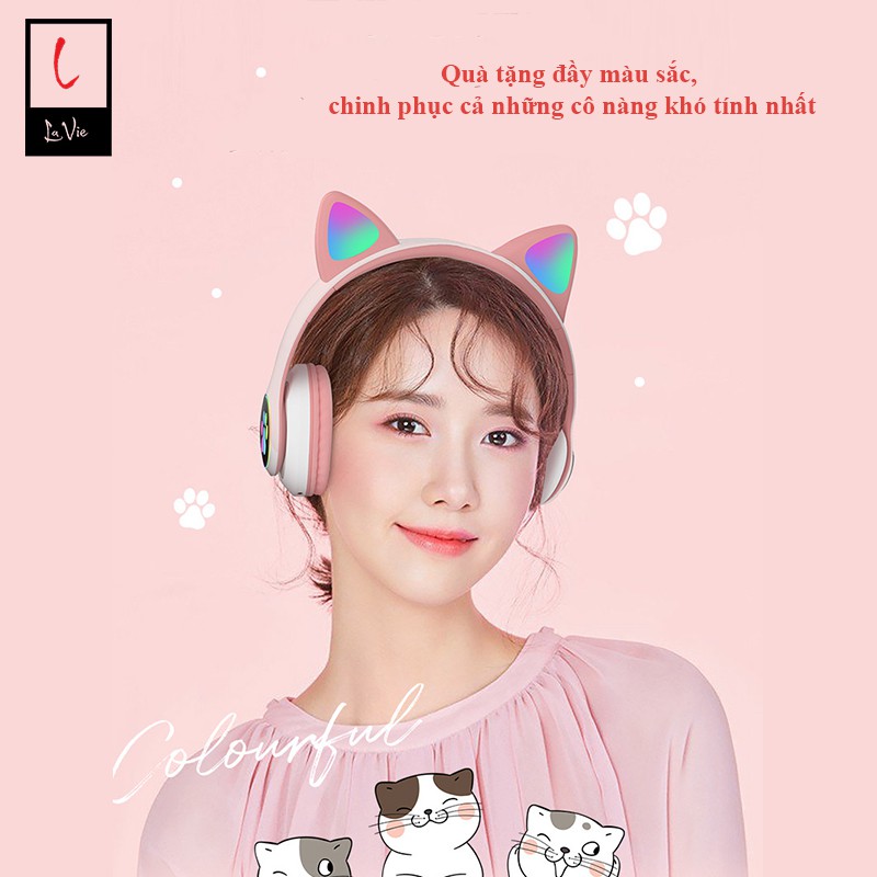 Tai Nghe Mèo Chụp Tai Bluetooth Có Mic,  Headphone Tai Mèo Cute Âm Thanh Sống Động, Led Siêu Xinh