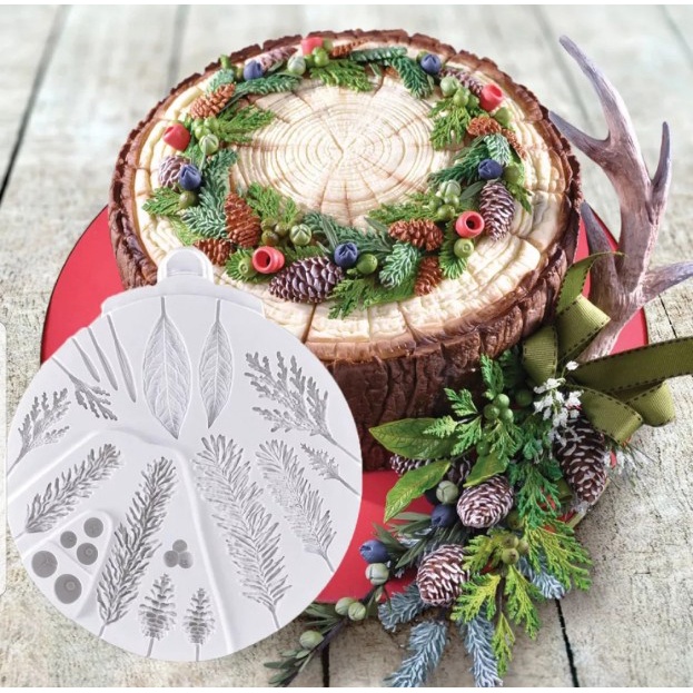 Khuôn silicone trong dẻo hình lá thông winter foliage trang trí bánh đất sét, gumspate, hoa đường