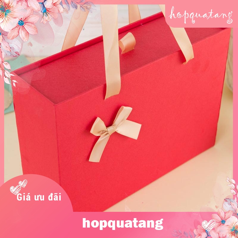 Hộp Quà Tặng Kèm Túi Màu Đỏ Gắn Nơ Dạng Kéo Cao Cấp