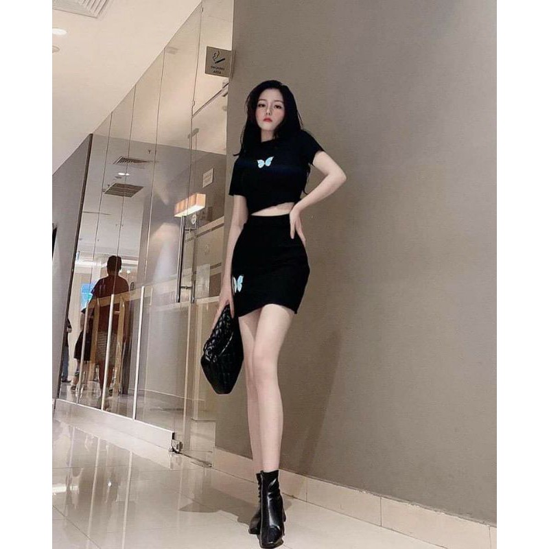 Có VIDEO SET ÁO CROPTOP CHÂN VÁY THÊU BƯỚM - A3ST