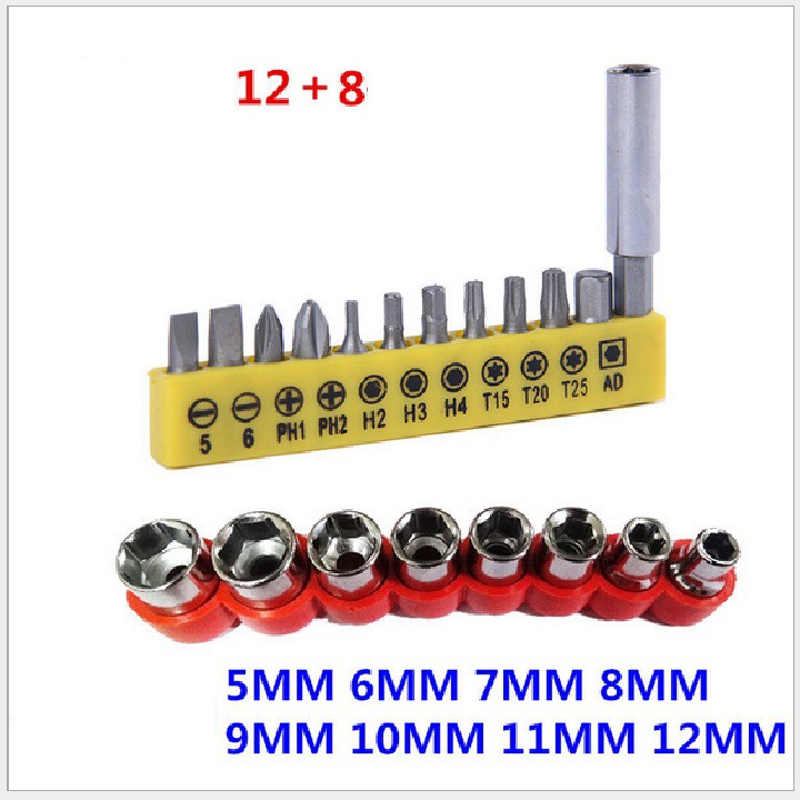 Phụ kiện máy khoan cầm tay -Bộ tháo vít 12 chi tiết dùng cho máy khoan 12V