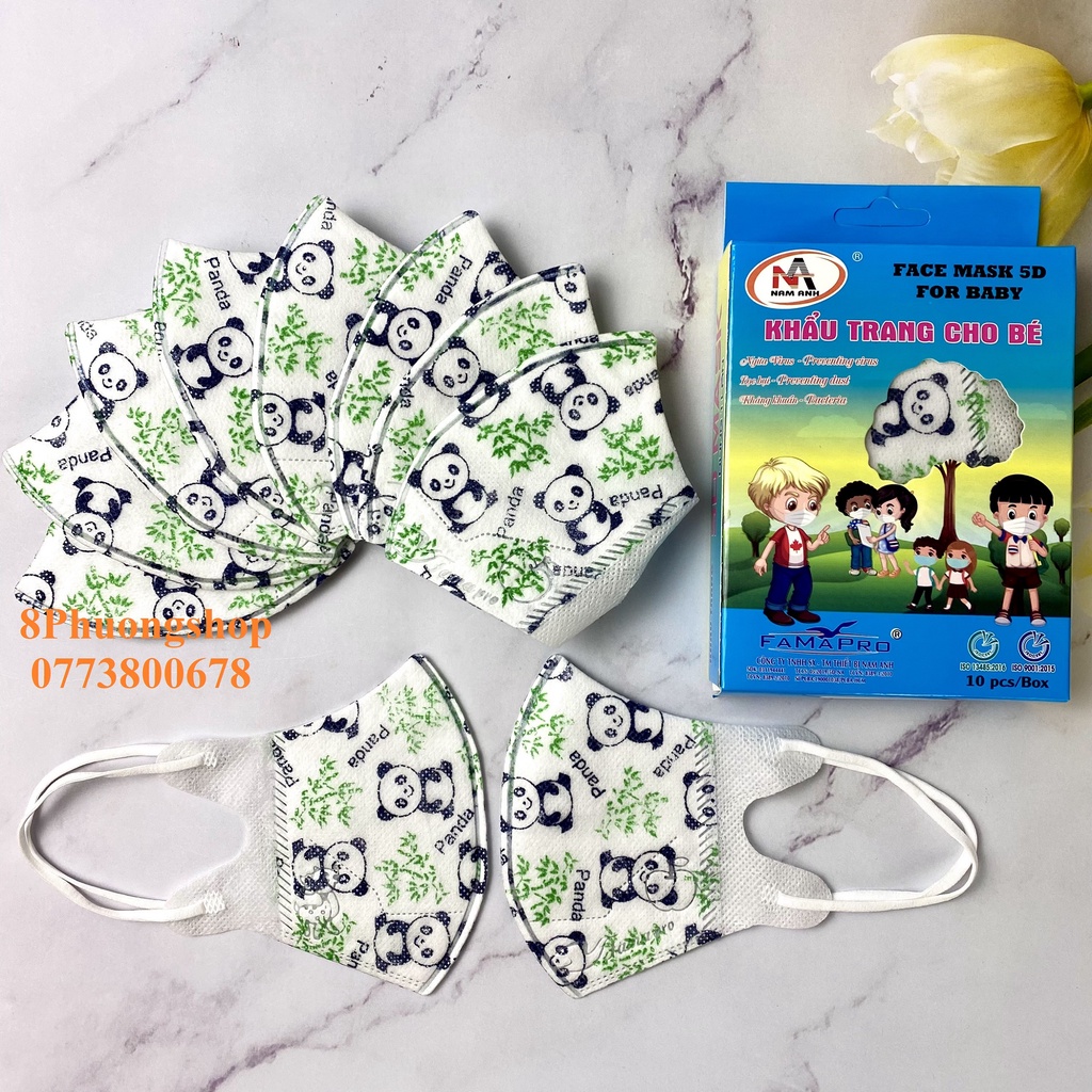 Khẩu Trang cho bé 5D KIDS FAMAPRO kháng khuẩn IN HOẠ TIẾT Đoremon / Kitty / Gấu Trúc / Kì Lân / Vịt Donald 10 cái/ hộp