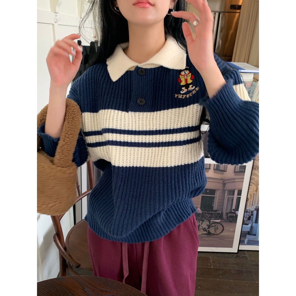Áo sweater ZHELIHANGFEI dệt kim tay dài dáng rộng thêu họa tiết gấu hoạt hình dễ phối đồ thời trang xinh xắn