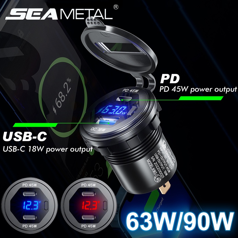 SEAMETAL Tẩu sạc nhanh USB PD type-C 12V 24V ổ cắm cổng kép đa năng với màn hình điện áp LED cho ô tô