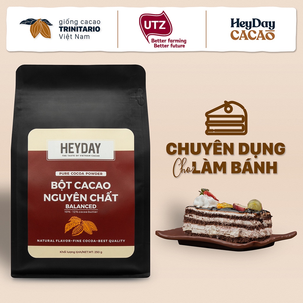 Túi 250g Bột cacao nguyên chất 100% Heyday - Dòng Balanced phổ thông - Chuẩn UTZ Quốc Tế