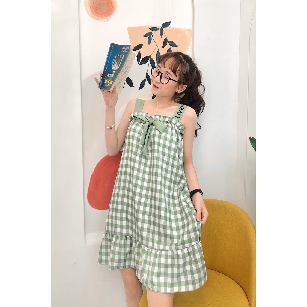 Đầm 2 dây thắt nơ Kro , họa tiết caro 4 màu - Chất liệu siêu nhẹ ( Đầm Kro ) VD-03 | BigBuy360 - bigbuy360.vn