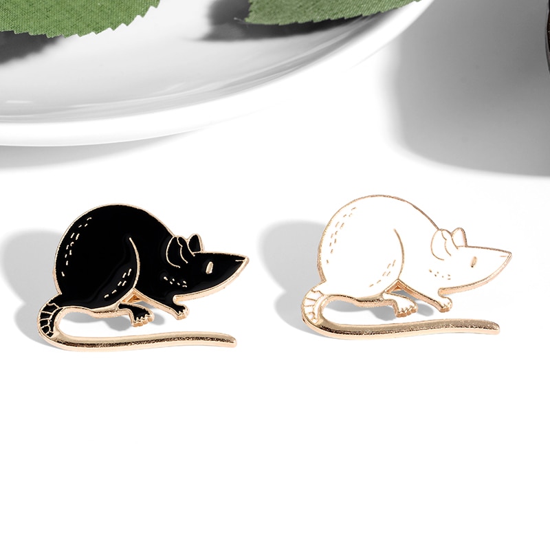 Ghim cài áo tráng men QIHE JEWELRY hình chuột màu trắng/ đen đáng yêu