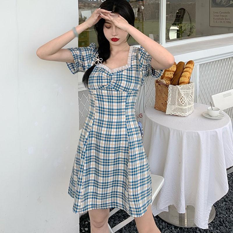 Đầm Tay Ngắn Sọc Ca Rô Thời Trang Cổ Điển Dành Cho Nữ
