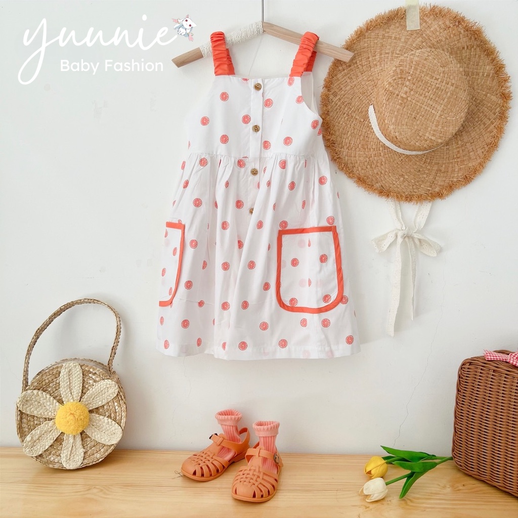 Váy bé gái YUUNIE trắng 2 dây bản vai túi viền cho trẻ em 3,4,5,6,7,8,9,10 tuổi