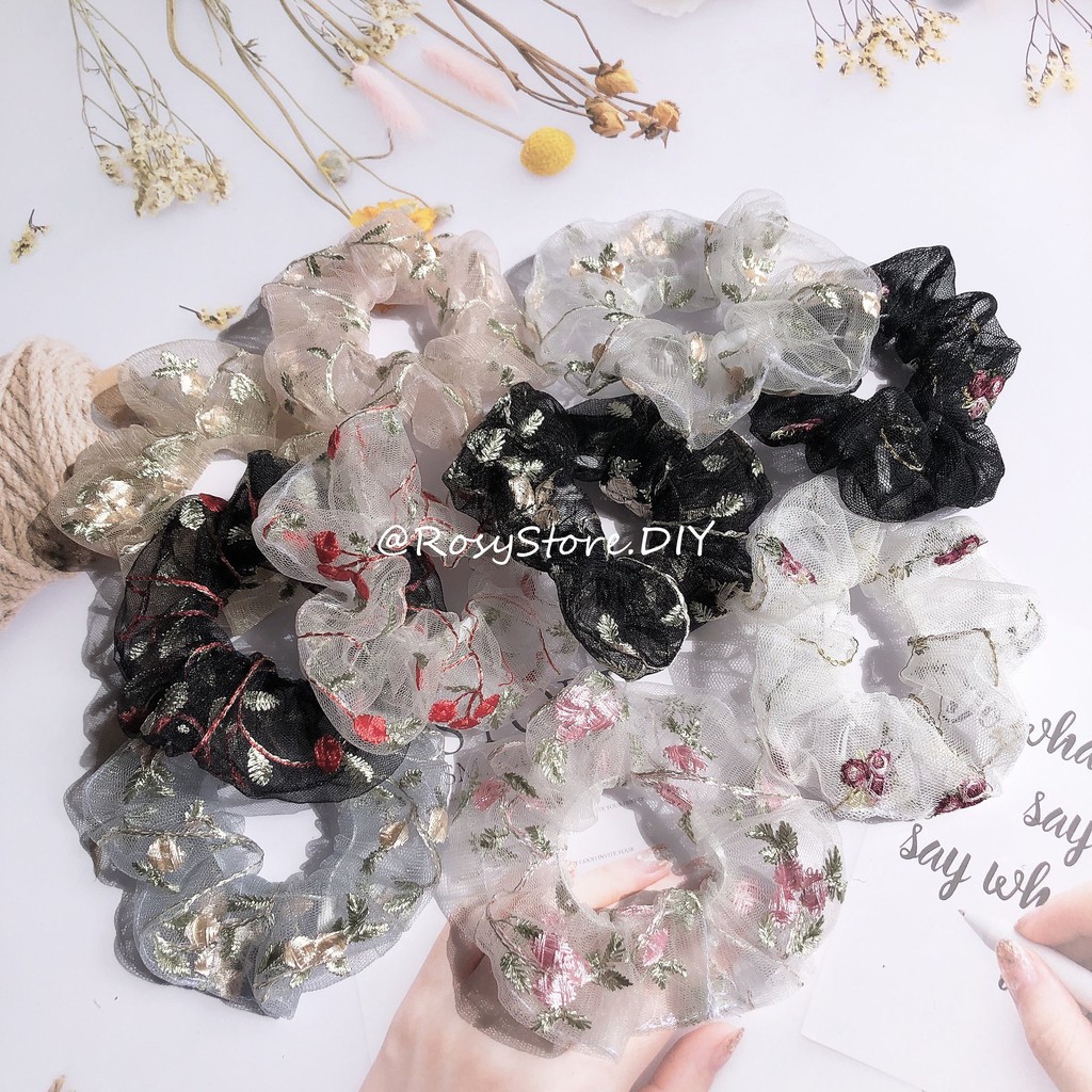CỘT TÓC VẢI SCRUNCHIES REN THÊU PHỐI NỤ HOA TƯỜNG VY-THỜI TRANG HÀN QUỐC NỮ GIÁ RẺ ĐẸP