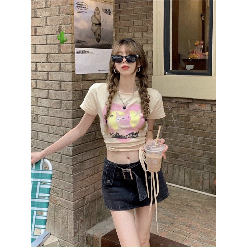 Áo kiểu croptop màu nude in hình mèo hồng quần dây eo cực xinh , chất thun bozip mềm mịn