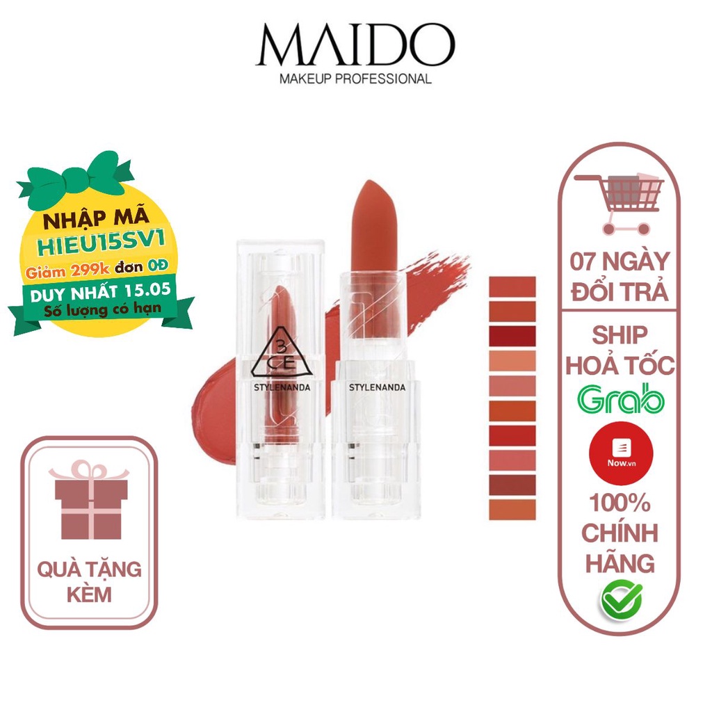 Son Thỏi Lì 3CE  Soft Matte Lipstick Vỏ Trong Suốt chống dính cốc mềm mịn lâu trôi S002 MAIDO cosmetics