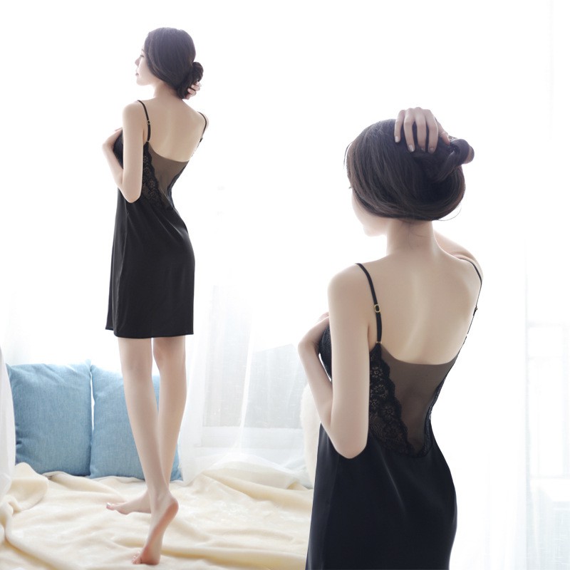 Váy ngủ phối ren thời trang MIDORI Đầm ngủ 2 dây cao cấp chất liệu vải lụa statin cổ chữ V sâu Freesize VN01